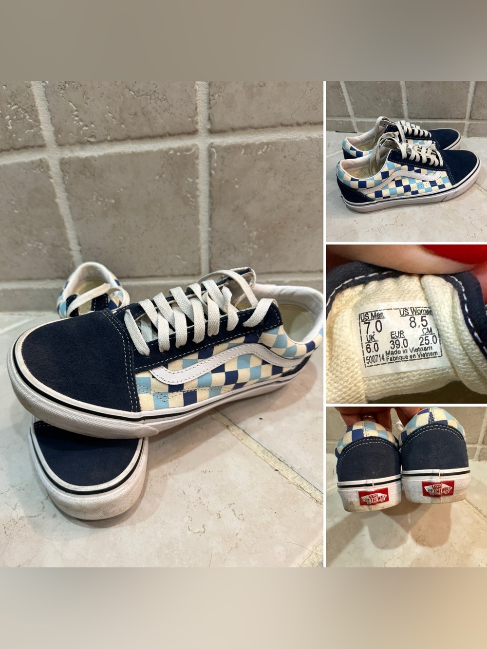 Vans Kids Old Skool Checkerboard Sneakers - Navy, Light Blue & Cream